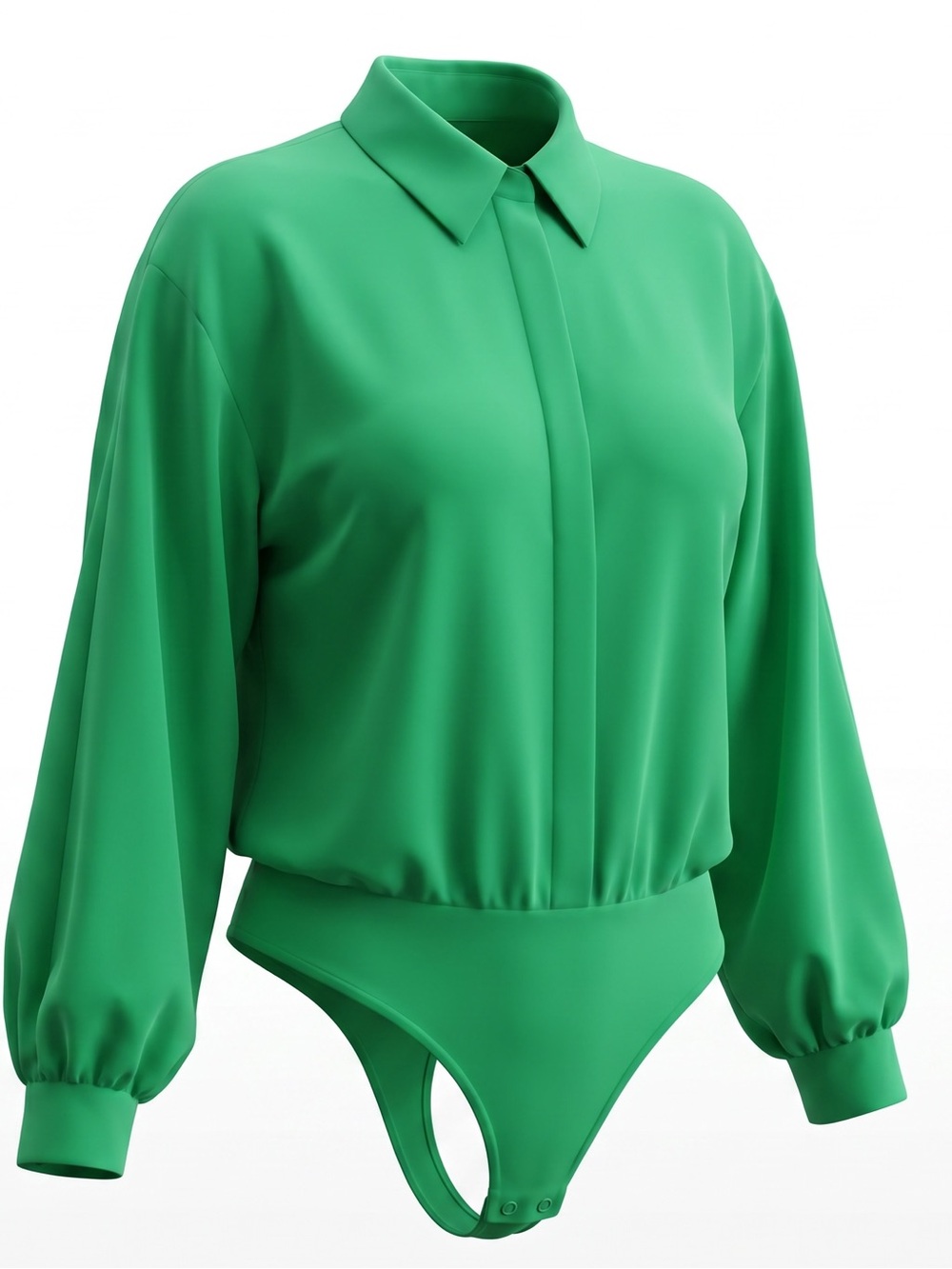 Express Green Long Sleeve Button-Front Bodysuit Blouse | Medium